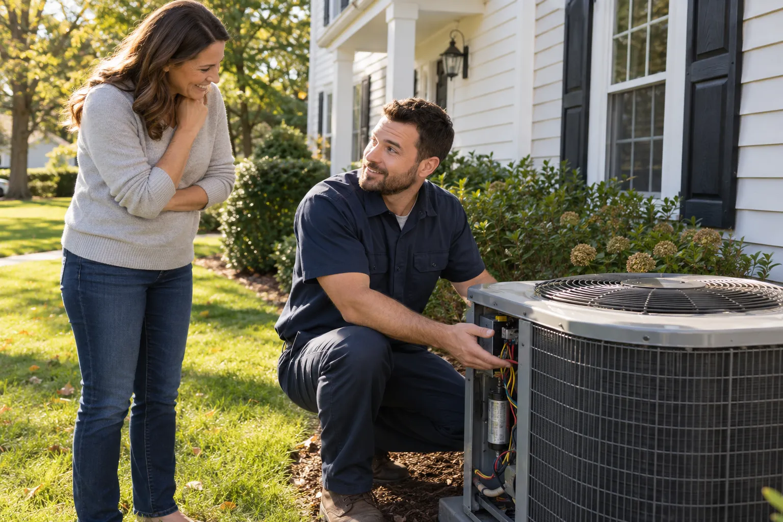 A friendly HVAC provider talking with a homeowner beside an outdoor AC unit in Hampstead